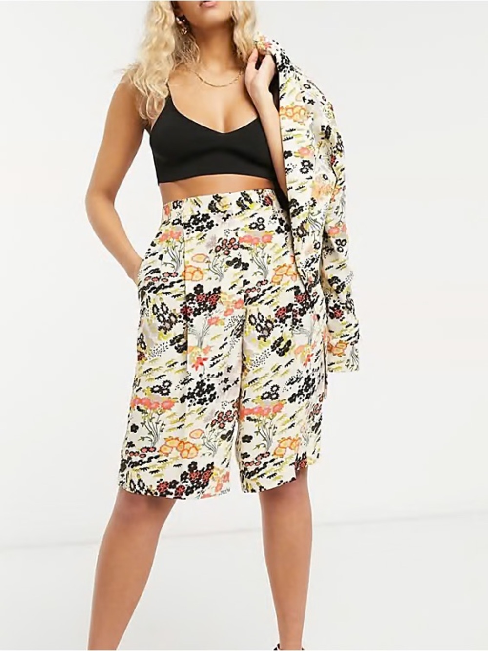 Topshop Idol Floral Wide Leg Shorts High Waist Knee Length Boho Cottagecore US 6